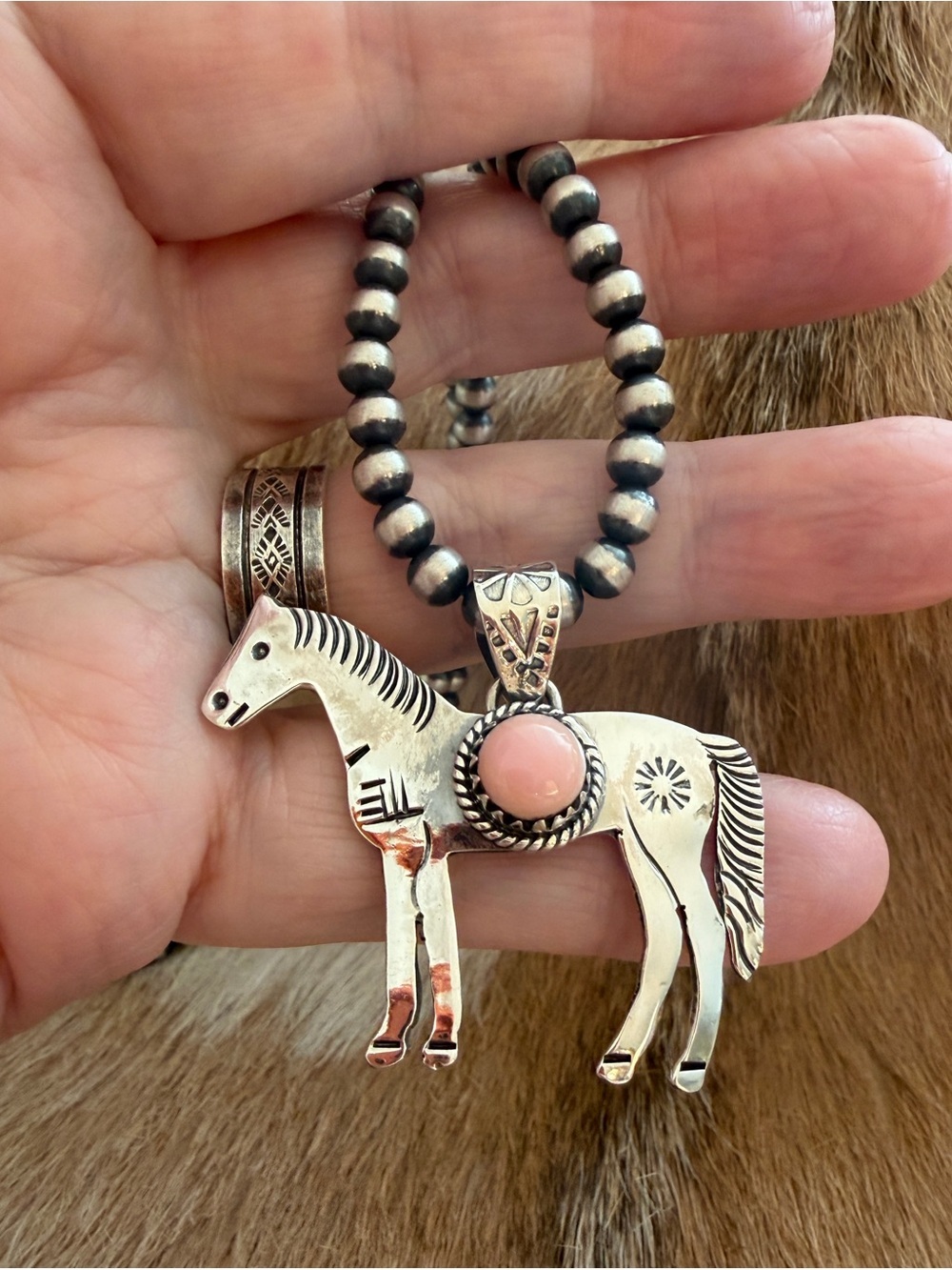 ❤️ Queen Pink Conch Sterling Hand Stamped Statement Horse Unisex Western Pendant